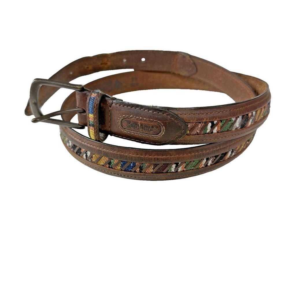 Columbia Vintage Brown Leather Belt with Guatemalan Fabric‎ Inlay Size 44